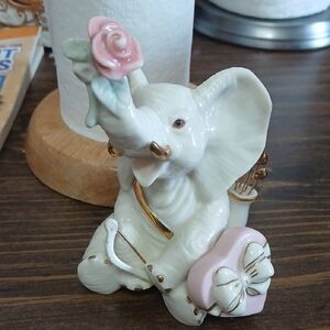 Lenox Porcelain Elephant Figurine with Pink Rose & Bow Accent